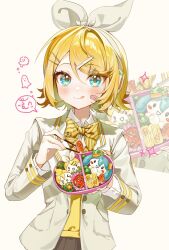 Rule 34 | 1girl, :q, bandaid, bandaid on cheek, bandaid on face, blonde hair, blue eyes, blush, bow, bow hairband, bowtie, character-themed food, chopsticks, closed mouth, commentary, dang 838, food, grey background, grey jacket, hair ornament, hairband, hairclip, hatsune miku, headset, highres, holding, holding chopsticks, holding food, jacket, kagamine len, kagamine rin, looking at viewer, open clothes, open jacket, short hair, simple background, smile, solo, striped bow, striped bowtie, striped clothes, symbol-only commentary, tongue, tongue out, upper body, vocaloid, white hairband, wing collar, yellow bow, yellow bowtie