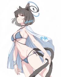 absurdres animal_ears bikini black_eyes black_tail blue_archive blue_bikini blue_halo cat_ears cat_girl cat_tail colored_inner_animal_ears fuusuke_(fusuke208) halo highres kikyou_(blue_archive) kikyou_(swimsuit)_(blue_archive) layered_bikini multi-strapped_bikini_bottom multiple_tails official_alternate_costume swimsuit tail two_tails