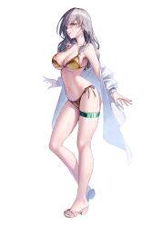 1girl absurdres bikini bowlp breasts full_body gold_bikini grey_hair highres honkai:_star_rail honkai_(series) large_breasts long_hair navel off_shoulder parted_lips sandals shirt simple_background solo standing stelle_(honkai:_star_rail) stomach strap_gap swimsuit thigh_strap thighs trailblazer_(honkai:_star_rail) wet white_background white_shirt yellow_eyes