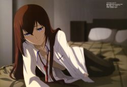 1girl absurdres bed blue_eyes blush brown_hair female_focus flat_chest highres legs long_hair lying makise_kurisu megami_magazine nakamura_kazuhisa necktie non-web_source official_art open_clothes open_shirt panties panties_under_pantyhose pantyhose pillow shirt solo steins;gate underwear very_long_hair