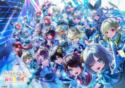 6+girls adjusting_clothes adjusting_gloves ahoge aizawa_ema amayui_moka aqua_bow aqua_bowtie aqua_hair arm_behind_head arm_up armlet armpits arms_behind_head asumi_sena bare_shoulders black_bow black_bowtie black_gloves black_hair black_ribbon blonde_hair blue_bow blue_bowtie blue_eyes blue_hair blue_necktie blunt_bangs blush bodice bow bowtie braid brown_hair capelet cattleya_regina_games center_frills choya_hanabi claw_pose clenched_hand closed_mouth clothing_cutout collar collared_shirt copyright_name crown dark-skinned_female dark_skin double-parted_bangs double_bun earrings everyone facial_mark fang finger_to_mouth flower frilled_collar frilled_gloves frilled_shirt frilled_skirt frills ghost_hair_ornament gloves gradient_hair green_eyes green_hair green_sleeve_cuffs grey_eyes grey_hair hair_between_eyes hair_bow hair_bun hair_flaps hair_flower hair_ornament hair_ribbon hair_rings hairclip hanabusa_lisa hands_up ichinose_uruha index_finger_raised iris_black_games jewelry kaga_nazuna kaga_sumire kagawa_ichigo kaminari_qpi kisaragi_ren_(vtuber) kogara_toto komori_met kurumi_noah logo long_hair long_sleeves low_twin_braids lupinus_virtual_games mini_crown mole mole_under_eye monitor multicolored_hair multiple_girls necktie nekota_tsuna one_eye_closed open_hand open_mouth orange_bow orange_bowtie orange_eyes orange_sailor_collar outstretched_arm outstretched_hand own_hands_together pink_bow pink_bowtie pink_eyes pink_hair pink_sailor_collar ponytail purple_bow purple_bowtie purple_eyes purple_hair purple_sailor_collar rabbit_hair_ornament red_bow red_bowtie red_eyes red_hair red_necktie ribbon rose sailor_collar sendo_yuuhi shinomiya_runa shiranami_ramune shirt short_hair shoulder_cutout single_hair_ring single_hair_streak skin_fang skirt sleeveless sleeveless_shirt smile split-color_hair stage stage_lights streaked_hair swept_bangs tachibana_hinano tosaki_mimi triangle triangle_facial_mark tsumugi_kokage twin_braids twintails two-tone_hair two_side_up v virtual_youtuber vspo! w_arms white_bow white_bowtie white_capelet white_gloves white_hair white_skirt wrist_cuffs x_hair_ornament yakumo_beni yano_kuromu yellow_bow yellow_bowtie yellow_eyes yellow_flower yellow_necktie yellow_rose yellow_sailor_collar yumeno_akari