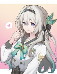 Rule 34 | 1girl, ara 2499, black hair, black hairband, bow, bowtie, buttons, closed mouth, collared shirt, double-breasted, firefly (honkai: star rail), firefly (spring missive) (honkai: star rail), gradient background, gradient eyes, gradient hair, green bow, green bowtie, green pupils, grey hair, grey sailor collar, grey shirt, hair between eyes, hair intakes, hair ornament, hairband, heart, highres, honkai: star rail, honkai (series), long sleeves, multicolored eyes, multicolored hair, plaid bow, plaid bowtie, plaid clothes, pleated skirt, sailor collar, shirt, skirt, smile, solo, speech bubble, white shirt, white sleeves