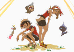 1boy 1girl asatsuki_(fgfff) bow bow_hairband brendan_(pokemon) brown_hair chimecho commentary_request duskull full_body gen_3_pokemon hair_bow hairband hat highres looking_at_viewer looking_down may_(pokemon) nintendo pokemon pokemon_(creature) pokemon_oras red_bow red_hairband red_shirt shirt short_hair short_sleeves shuppet sleeveless sleeveless_shirt squatting sweat white_hat