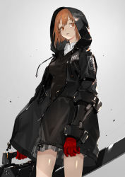Rule 34 | 1girl, black hoodie, black skirt, brown eyes, brown hair, commentary, eins (heavily armed high school girls), female focus, from below, gauntlets, gloves, grey background, heavily armed high school girls, holding, holding weapon, hood, hood up, hoodie, looking at viewer, multicolored hair, neco, original, parted lips, red gloves, shaded face, short hair, skirt, solo, streaked hair, weapon, wing collar