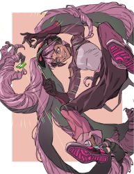 1girl entrapta farawaygalaxy1 full_body gem gloves grin highres holding long_hair pants prehensile_hair purple_hair red_eyes screwdriver she-ra_and_the_princesses_of_power shoes simple_background smile sneakers solo sparkle twintails very_long_hair