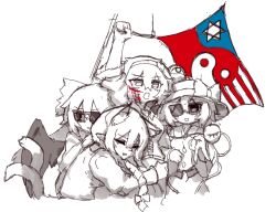 2024_attempted_assassination_of_donald_trump 4girls animal_ears blood blood_on_face bow cat_ears cat_girl commentary cropped_torso english_commentary extra_ears flag greyscale gyaru_v hairband hat hat_bow highres holding holding_flag kaenbyou_rin komeiji_koishi komeiji_satori looking_at_viewer monochrome multiple_girls rampa93 reiuji_utsuho siblings simple_background sisters sunglasses touhou v white_background wings