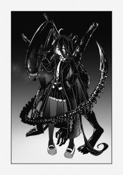 1girl 1other absurdres ahoge alien alien_(series) animal_ears belt coat collared_shirt crossover earrings full_body gloves hair_between_eyes hand_in_pocket hand_on_another&#039;s_head highres horse_ears horse_girl horse_tail jewelry kimihitsuji light_smile long_bangs long_hair long_hair_between_eyes long_sleeves looking_at_viewer manhattan_cafe_(umamusume) monochrome monster multicolored_hair necktie open_clothes open_coat outside_border pantyhose pleated_skirt shirt sidelocks single_earring skirt standing tail teeth umamusume very_long_hair xenomorph