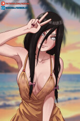 1girl armpits beach black_hair boruto:_naruto_next_generations breasts hyuuga_hanabi long_hair naruto_(series) nipples noxdsa red_nails smile solo v