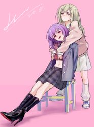 Rule 34 | 2girls, absurdres, bang dream!, bang dream! it&#039;s mygo!!!!!, black boots, boots, breasts, chinese commentary, commentary request, earrings, green hair, grey jacket, grey skirt, hero45439083942, high heels, highres, jacket, jewelry, leg warmers, medium breasts, multiple girls, navel, open mouth, pink background, pink eyes, pink sweater, plaid clothes, plaid skirt, pleated skirt, purple hair, shirt, simple background, sitting, skirt, standing, sweater, teeth, upper teeth only, wakaba mutsumi, white leg warmers, white shirt, white skirt, yuri, yuutenji nyamu