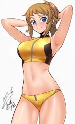 Rule 34 | 1girl, absurdres, armpits, arms behind head, arms up, blush, breasts, brown hair, commentary request, cowboy shot, crop top, dated, gluteal fold, gundam, gundam build fighters, gundam build fighters try, heart, highres, hoshino fumina, large breasts, looking at viewer, navel, panties, ponytail, purple eyes, revision, signature, simple background, solo, sports bra, stomach, thighs, turtleneck, underwear, white background, yellow panties, yellow sports bra, yoo tenchi