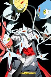 1girl akari_(pokemon) azelf black_background black_sash blue_skin colored_skin floating_scarf forehead_jewel gem gen_4_pokemon goguma_wagamja headscarf highres legendary_pokemon mesprit multicolored_skin nintendo pokemon pokemon_(creature) pokemon_legends:_arceus red_gemstone red_scarf sash scarf two-tone_skin uxie white_headscarf