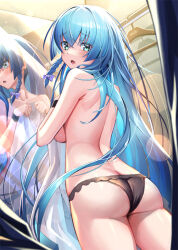 1girl aqua_eyes ass back blue_hair braid breasts butt_crack clothes_hanger crossed_bangs fitting_room frilled_panties frills from_behind holding holding_unworn_clothes image_sample lillie_(oreaku) long_hair looking_back mirror no_bra official_art open_mouth ore_wa_seikan_kokka_no_akutoku_ryoushu! panties raised_inner_eyebrows reflection shirt sideboob single_braid solo takamine_nadare topless_female underwear underwear_only very_long_hair white_shirt wristband