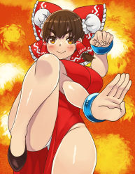 1girl blush bow breasts brown_eyes brown_hair brown_shoes bun_cover china_dress chinese_clothes clenched_hand closed_mouth commentary_request cookie_(touhou) double_bun dress fighting_stance foot_out_of_frame frilled_bow frilled_hair_tubes frills hair_bow hair_bun hair_tubes hakurei_reimu kanna_(cookie) large_breasts leg_up long_hair looking_at_viewer mo-fu orange_background palms panties pantyshot red_bow red_dress shoes sidelocks sleeveless sleeveless_dress smile solo touhou underwear white_panties