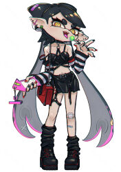 1girl ankle_boots arm_warmers asymmetrical_legwear bag bandage_on_knee bandages bandaid bandaid_on_leg bare_shoulders belt belt_buckle black_belt black_boots black_bra black_eyeshadow black_hair black_nails black_skirt black_sleeves black_socks boots bow-shaped_hair bra breasts buckle callie_(splatoon) candy chain chest_harness cleavage collar collarbone colored_tongue commentary_request coula_cat cracked_screen cross-laced_slit cross-shaped_pupils detached_sleeves dot_nose earrings eyeshadow fingernails food full_body goth_fashion handbag harness head_tilt heart highres holding holding_candy holding_food holding_lollipop holding_phone jewelry kneehighs leather_belt leather_skirt leg_belt lollipop long_fingernails long_hair looking_at_viewer loose_socks makeup midriff miniskirt mole mole_under_eye multicolored_hair multiple_earrings multiple_rings navel nintendo phone pink_hair platform_boots pointy_ears red_bag red_nails ring simple_background single_off_shoulder skirt sleeves_past_wrists socks solo spiked_collar spikes splatoon_(series) striped_sleeves suction_cups swept_bangs symbol-shaped_pupils thick_eyebrows tongue tongue_out too_many too_many_belts two-tone_hair underwear very_long_hair white_background white_sleeves yellow_eyes
