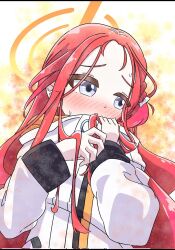 1girl averting_eyes blue_archive blush bow braid coat commentary corrupted_twitter_file forehead furrowed_brow hair_bow halo hands_up highres hood hooded_coat long_hair long_sidelocks long_sleeves looking_to_the_side nose_blush orange_background orange_halo parted_lips power_symbol purple_eyes red_hair reiremi sidelocks single_braid solo sweat upper_body white_background white_bow white_coat yuzu_(blue_archive)