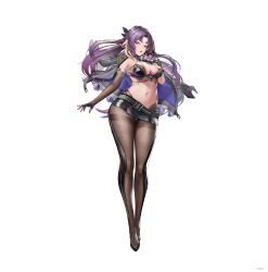 1girl :d absurdres asymmetrical_gloves belt black_belt black_bra black_footwear black_gloves black_nails black_pantyhose blonde_hair bra breasts brown_eyes colored_tips elbow_gloves fang fingerless_gloves floating_hair full_body gloves grey_jacket hair_ornament highres holding holding_microphone jacket jacket_on_shoulders large_breasts long_hair microphone microskirt mix_(mix233) multicolored_hair navel open_mouth original pantyhose pencil_skirt purple_hair seamed_legwear side-seamed_legwear single_elbow_glove skin_fang skirt smile solo standing stomach tachi-e thighband_pantyhose underwear uneven_gloves white_background