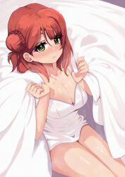 1girl :t babydoll bare_legs blush braid breasts brown_hair cleavage collarbone green_eyes hair_between_eyes hair_bun heart heart-shaped_pupils highres looking_at_viewer love_live! love_live!_nijigasaki_high_school_idol_club medium_breasts medium_hair pisagi pout sitting solo symbol-shaped_pupils thighs uehara_ayumu under_covers white_babydoll