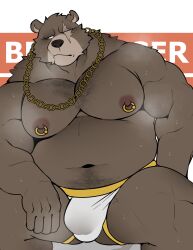 1boy absurdres animal_ears bara bear_boy bear_ears belly ben_bigger biceps bulge chain chain_necklace character_name chest_hair closed_mouth commentary english_commentary fat fat_man furry furry_male highres jewelry jockstrap looking_to_the_side male_focus male_underwear minkz_(whitebeast20) navel navel_hair necklace nipple_piercing nipples notched_ear pectorals piercing scar scar_across_eye scar_on_face topless_male underwear white_male_underwear zenless_zone_zero