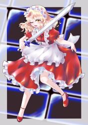 1girl absurdres apron blonde_hair dress frills hair_ornament hajimakura highres holding holding_sword holding_weapon long_hair maid maid_headdress one_eye_closed open_mouth puffy_short_sleeves puffy_sleeves red_dress ribbon short_sleeves smile solo sword touhou touhou_(pc-98) weapon yellow_eyes yumeko_(touhou)