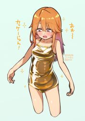 1girl :o alternate_costume artist_name blush breasts collarbone commentary_request cropped_legs dated gojarun gold_one-piece_swimsuit highres idolmaster idolmaster_cinderella_girls long_hair looking_down one-piece_swimsuit orange_hair simple_background small_breasts solo straight_hair swimsuit translation_request twitter_username white_background yuuki_haru
