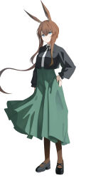 1girl absurdres amiya_(arknights) animal_ears arknights arm_at_side black_shirt black_shoes blue_eyes brown_hair brown_pantyhose closed_mouth collared_shirt commentary floating_hair green_skirt hachimin8_(shrine_kyo) hair_between_eyes hand_on_own_hip high-waist_skirt highres long_hair long_skirt long_sleeves looking_at_viewer pantyhose shirt shoes sidelocks simple_background skirt smile solo split_mouth very_long_hair white_background white_shirt