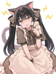 1girl alternate_costume animal_ears apron arm_between_legs beads black_hair blush borrowed_character bow brown_bow brown_dress brown_ribbon brown_wrist_cuffs cat_ears cat_girl cat_tail collared_dress commentary_request corrupted_twitter_file cowboy_shot dress enmaided fang frilled_apron frilled_dress frills hair_beads hair_bow hair_intakes hair_ornament hand_up highres ikanikannika leaning_to_the_side lightning_bolt_symbol long_hair looking_at_viewer maid maid_apron neck_ribbon noa_(cauli) nose_blush open_mouth original paw_pose puffy_short_sleeves puffy_sleeves ribbon short_sleeves simple_background solo standing tail tail_raised twintails v-shaped_eyebrows very_long_hair white_apron white_background wrist_cuffs yellow_eyes