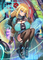 1girl alicia_arclight black_thighhighs blonde_hair blue_eyes book boots breasts building chinese_text city_lights cleavage_cutout clothing_cutout cover cover_page cyberpunk dress floating fur-trimmed_jacket fur_trim garter_straps gloves goetia_shock gun hand_on_own_face handgun highres holding holding_gun holding_weapon hologram huge_breasts impossible_clothes impossible_dress jacket knees_to_chest long_hair low_twintails novel_cover off_shoulder official_art ookuma_nekosuke open_clothes open_jacket partially_fingerless_gloves pencil_dress pill science_fiction second-party_source sign solo striped_clothes striped_dress thighhighs turtleneck turtleneck_dress twintails vertical-striped_clothes vertical-striped_dress very_long_hair weapon yin_yang zettai_ryouiki