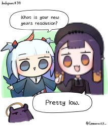2girls animal_costume beret black_hat blue_eyes blue_hoodie blunt_bangs center-flap_bangs chibi commentary ebi-chan_(gawr_gura) english_commentary english_text fins fish_tail gawr_gura gawr_gura_(1st_costume) grey_hair hat highres hololive hololive_english hood hoodie lemonasty long_hair long_sleeves multicolored_eyes multiple_girls new_year ninomae_ina&#039;nis ninomae_ina&#039;nis_(casual) official_alternate_costume open_mouth orange_eyes pixelated pointy_ears pun purple_eyes purple_hair shark_costume shark_girl shark_tail smile speech_bubble tail takodachi_(ninomae_ina&#039;nis) twitter_username two-tone_eyes two_side_up upper_body virtual_youtuber