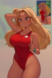 Rule 34 | 1girl, animification, arm behind head, arm up, blonde hair, blue eyes, breasts, commentary, cowboy shot, dark-skinned female, dark skin, english commentary, highleg, highleg one-piece swimsuit, highres, large breasts, lifeguard, lifeguard (lilo &amp; stitch), lilo &amp; stitch, long hair, one-piece swimsuit, red one-piece swimsuit, reference inset, sky above me, solo, swimsuit, thighs, watch, wristwatch
