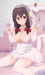 1girl bare_shoulders blush bow breasts bridal_lingerie bridal_veil bride collarbone commentary crown detached_sleeves dress dress_flower flower garter_straps glint hair_between_eyes hair_bow hair_ornament hands_up jewelry kono_subarashii_sekai_ni_shukufuku_wo! large_breasts lingerie long_hair looking_at_viewer low_twintails necklace nyaroon pillow red_bow red_eyes ring rose shiny_skin sitting sleeveless sleeveless_dress smile solo thighhighs thighs tiara twintails underwear veil wedding_dress white_flower white_rose white_thighhighs yunyun_(konosuba)