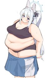 Rule 34 | 1girl, 7sufyfhysfsdkn0, animal ears, belly, black panties, black sports bra, blue archive, blue skirt, blush, bow, breasts, cleavage, clothes pull, dressing, fake animal ears, fat, fat woman, hair bow, halo, headphones, headset, large breasts, miyako (blue archive), navel, one side up, panties, purple bow, purple eyes, rabbit ears, sidelocks, skirt, skirt pull, solo, sports bra, standing, sweat, underwear, white background, white hair