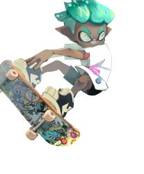 1boy aqua_hair black_shoes black_shorts blue_eyes dark-skinned_male dark_skin highres inkling inkling_boy inkling_player_character koike3582 multicolored_shoes nintendo pointy_ears shirt shoes short_hair short_sleeves shorts skateboard skateboarding solo splatoon_(series) tentacle_hair two-tone_shoes white_shirt white_shoes
