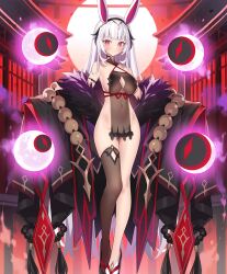 :&lt; absurdly_long_hair animal_ears architecture armband bare_shoulders beads black_armband black_hairband black_kimono black_sandals black_thighhighs blunt_bangs breasts cleavage cleavage_cutout clothing_cutout collarbone commentary east_asian_architecture evertale full_moon fur-trimmed_kimono fur_trim gold groin hairband japanese_clothes kaguya_(evertale) kimono large_breasts long_hair long_legs looking_at_viewer moon multiple_moons navel no_panties official_art okobo pelvic_curtain platform_sandals popqn prayer_beads purple_mist rabbit_ears rabbit_girl red_eyes red_sky revealing_clothes sandals sideboob single_sock single_thighhigh sky socks standing tassel thigh_gap thighhighs very_long_hair white_hair