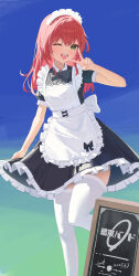 1girl absurdres apron black_bow black_bowtie bocchi_the_rock! bow bowtie dress frilled_apron frilled_dress frills green_eyes highres kita_ikuyo lao_cai_bie_wanzhe_yao long_hair looking_at_viewer maid maid_headdress open_mouth red_hair skindentation sky solo standing standing_on_one_leg teeth thighhighs upper_teeth_only v white_thighhighs zettai_ryouiki