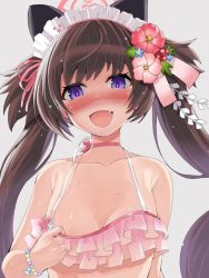 1girl blue_archive brown_hair clothes_pull edobox fang naughty_face purple_eyes shizuko_(blue_archive) shizuko_(swimsuit)_(blue_archive) smile solo swimsuit twintails twitter white_background