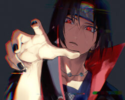 1boy akatsuki_uniform black_hair black_nails fingernails forehead_protector jewelry konohagakure_symbol looking_at_viewer male_focus naruto_(series) necklace open_mouth red_eyes sharingan short_hair solo uchiha_itachi user_tmsf7747