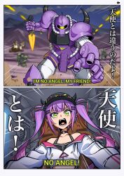 Rule 34 | 1girl, choker, cockpit, cropped jacket, ear piercing, emphasis lines, english text, fangs, gouf, green eyes, gundam, hat, highres, holding, holding knife, hololive, knife, mecha, mobile suit gundam, nyaring943, o-ring, o-ring choker, piercing, purple hair, robot, tokoyami towa, twintails, virtual youtuber, zaku ii