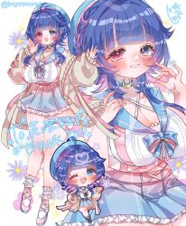 1girl ahoge animal_ears blonde_hair blue_eyes blue_hair blue_hat blue_ribbon blue_skirt blush braid breasts character_request chibi cleavage clothing_cutout collarbone commission english_text full_body grin hat heart heterochromia highres junior_(namatamemisa) large_breasts long_hair looking_at_viewer multicolored_hair multiple_views nurse nurse_cap open_mouth original pink_hair pink_ribbon red_eyes ribbon skeb_commission skirt smile solo tail teeth two-tone_hair very_long_hair virtual_youtuber