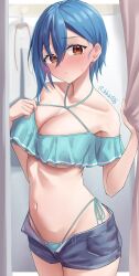 Rule 34 | 1girl, absurdres, bikini, blue bikini, blue hair, blue shorts, breasts, changing room, closed mouth, cowboy shot, curtain grab, curtains, denim, denim shorts, highres, large breasts, looking at viewer, love live!, love live! superstar!!, navel, open fly, orange eyes, rikka006, short hair, short shorts, shorts, solo, stomach, swimsuit, wakana shiki