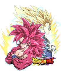 2boys armor aura blonde_hair blue_bodysuit body_fur bodysuit boots commentary crossed_arms dragon_ball dragon_ball_daima electricity full_body gloves green_eyes hello_isedol highres long_hair male_focus monkey_tail multiple_boys no_eyebrows pectorals pole red_eyes red_fur red_hair red_tail saiyan_armor simple_background son_goku spiked_hair super_saiyan super_saiyan_3 super_saiyan_4 tail topless_male upper_body vegeta white_armor white_background white_boots white_gloves