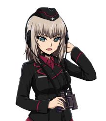 Rule 34 | 10s, 1girl, binoculars, blue eyes, dress shirt, female focus, garrison cap, girls und panzer, grey hair, hat, headphones, holding, itsumi erika, jacket, kuromorimine military uniform, long hair, long sleeves, looking at viewer, military, military uniform, open mouth, shinmai (kyata), shirt, skirt, smile, solo, throat microphone, transparent background, upper body