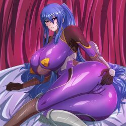 Rule 34 | 1girl, :&gt;, absurdres, akiyama rinko, ass, blue hair, blush, bodystocking, bodysuit, breasts, cameltoe, cleavage, clothing cutout, covered erect nipples, fishnet bodystocking, fishnets, gloves, hair between eyes, highres, huge ass, huge breasts, ierouyellow, impossible bodysuit, impossible clothes, long hair, looking at viewer, lying, ninja, on side, ponytail, presenting, purple bodysuit, purple eyes, pussy, skin tight, smile, solo, spread pussy, spread pussy under clothes, spreading own pussy, taimanin (series), taimanin suit, taimanin yukikaze, underboob cutout, very long hair, wide hips