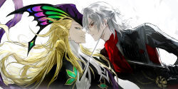 2boys antonio_salieri_(fate) antonio_salieri_(second_ascension)_(fate) artist_name ascot black_gloves black_jacket blonde_hair blue_eyes chinese_commentary closed_mouth colored_eyelashes commentary_request conductor_baton curly_hair elaine-didaea eye_contact fate/grand_order fate_(series) from_side gloves grey_hair hair_between_eyes half_updo hat highres holding holding_baton holding_knife jacket knife lapels long_hair long_sleeves looking_at_another male_focus medallion medium_hair multiple_boys necktie notched_lapels profile purple_hat red_ascot red_eyes short_hair signature simple_background smile upper_body v-shaped_eyebrows white_background white_gloves white_necktie wolfgang_amadeus_mozart_(fate)