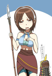 baby battra beni_(artist) beni_beni136 blue_background blush breasts brown_eyes brown_hair bug caterpillar chibi godzilla:_city_on_the_edge_of_battle godzilla:_planet_of_the_monsters godzilla:_the_planet_eater godzilla_(series) godzilla_vs._mothra hands_on_own_breasts headband highres horns larva mask medium_breasts polearm polygon_pictures red_dots simple_background single_horn spear tani_yuko thighs toho translation_request tribal weapon white_background