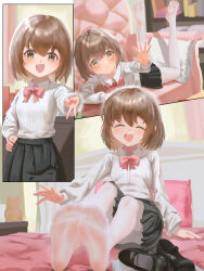 1girl absurdres blush brown_eyes brown_hair closed_eyes couch feet highres lihv looking_at_viewer lying mary_janes medium_hair on_bed on_couch on_stomach open_mouth pantyhose shoes soles toes unworn_shoes v white_pantyhose