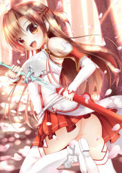 10s 1girl armor asuna_(sao) breastplate brown_eyes brown_hair censored cherry_blossoms convenient_censoring detached_sleeves female_focus highres long_hair no_panties petals rapier rinsu sheath solo sword sword_art_online thighhighs underwear unsheathing weapon white_thighhighs