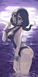 1girl alternate_costume ass bags_under_eyes black_eyes black_hair breasts cleavage commentary earrings english_commentary hair_between_eyes hex_maniac_(pokemon_legends:_z-a) highres jewelry large_breasts long_hair looking_at_viewer nintendo pokemon pokemon_legends:_z-a solo swimsuit wanderjegson water wet