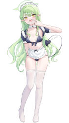 1girl absurdres apron arm_behind_back bikini blue_archive blue_bikini breasts commentary_request frilled_bikini frills full_body green_hair green_halo halo hand_up highres hikari_(blue_archive) loli long_hair looking_at_viewer maid maid_apron maid_bikini open_mouth pointy_ears shawn358 short_sleeves simple_background small_breasts solo standing swimsuit teeth thighhighs unconventional_maid upper_teeth_only very_long_hair waist_apron white_apron white_background white_thighhighs yellow_eyes