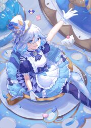 1girl absurdres alternate_costume asymmetrical_legwear blue_bow blue_dress blue_eyes blue_hair bow cake cup dress food furina_(genshin_impact) genshin_impact gloves hat hat_bow highres little_luly looking_at_viewer macaron mismatched_legwear multicolored_eyes multicolored_hair open_mouth outstretched_arm smile solo teacup top_hat white_gloves white_hair white_hat