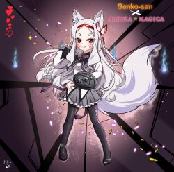 1girl akemi_homura akemi_homura_(cosplay) akemi_homura_(magical_girl) alternate_costume animal_ear_fluff animal_ears arm_shield black_collar black_pantyhose black_shoes collar cosplay facial_mark forehead fox_ears fox_girl fox_tail grey_skirt hairband hellkids2 highres holding holding_shield licking_lips long_hair looking_at_viewer mahou_shoujo_madoka_magica mahou_shoujo_madoka_magica_(anime) pantyhose red_eyes red_hairband sewayaki_kitsune_no_senko-san shield shiro_(sewayaki_kitsune_no_senko-san) shirt shoes sidelocks skirt solo tail tongue tongue_out whisker_markings white_hair white_shirt